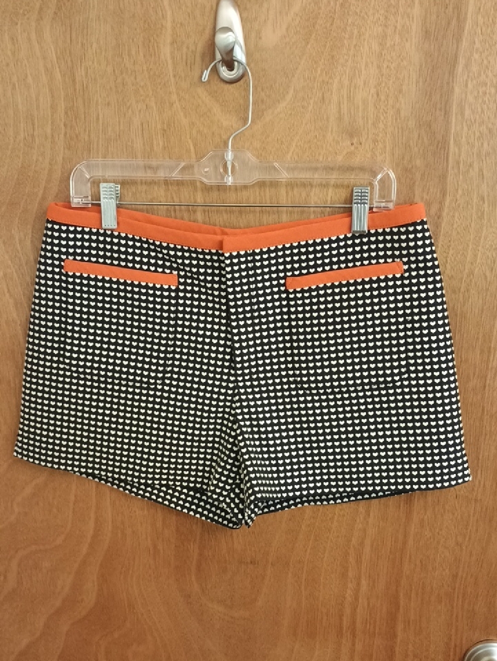 RACHEL Rachel Roy Black and White Heart Pattern Top with Orange Trim